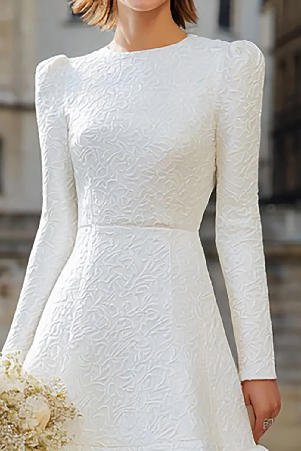 Robe midi de fiançailles à manches longues à col rond ivoire - Image 3