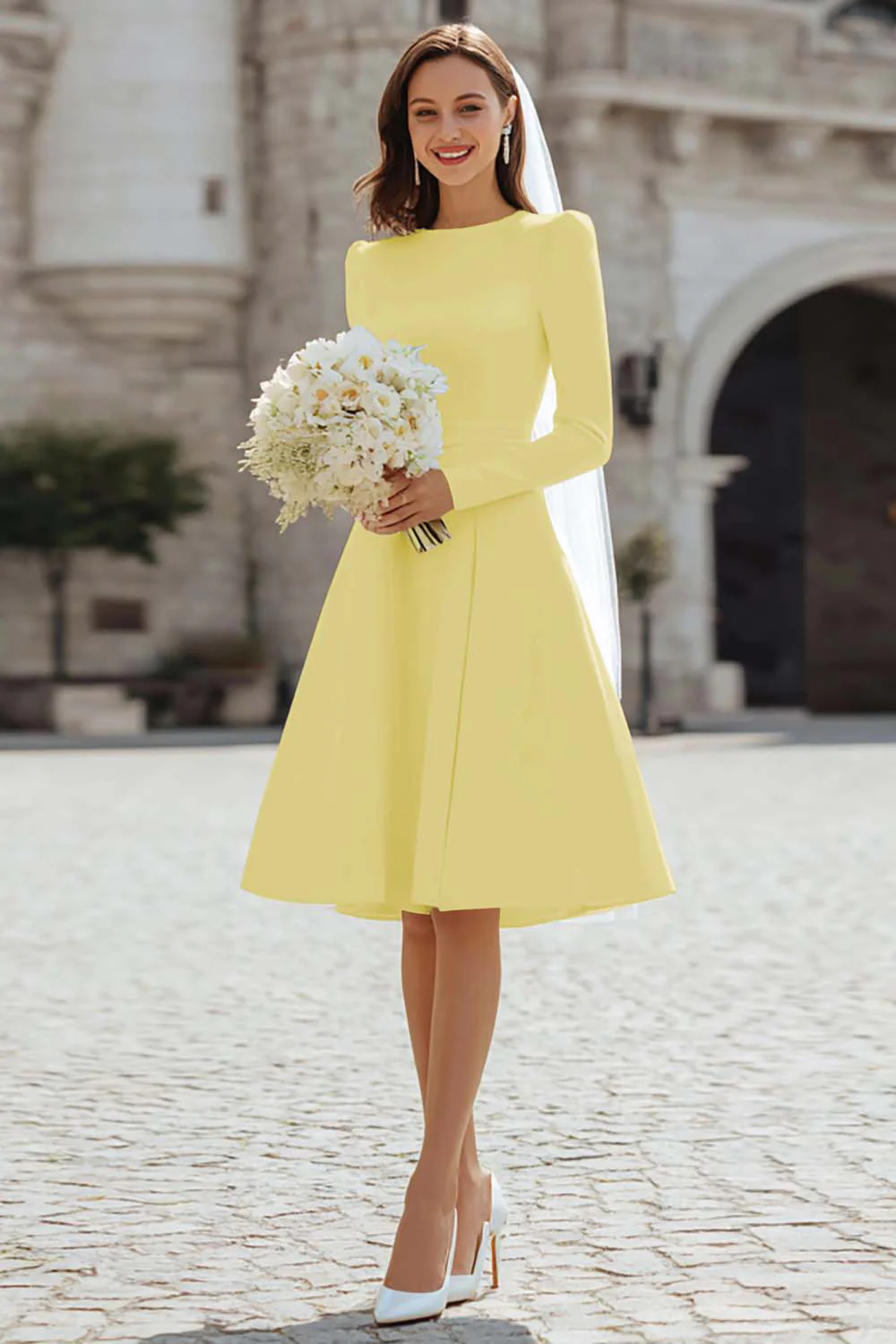 Robe de fiançailles midi ivoire en satin trapèze élégante et raffinée - Image 15
