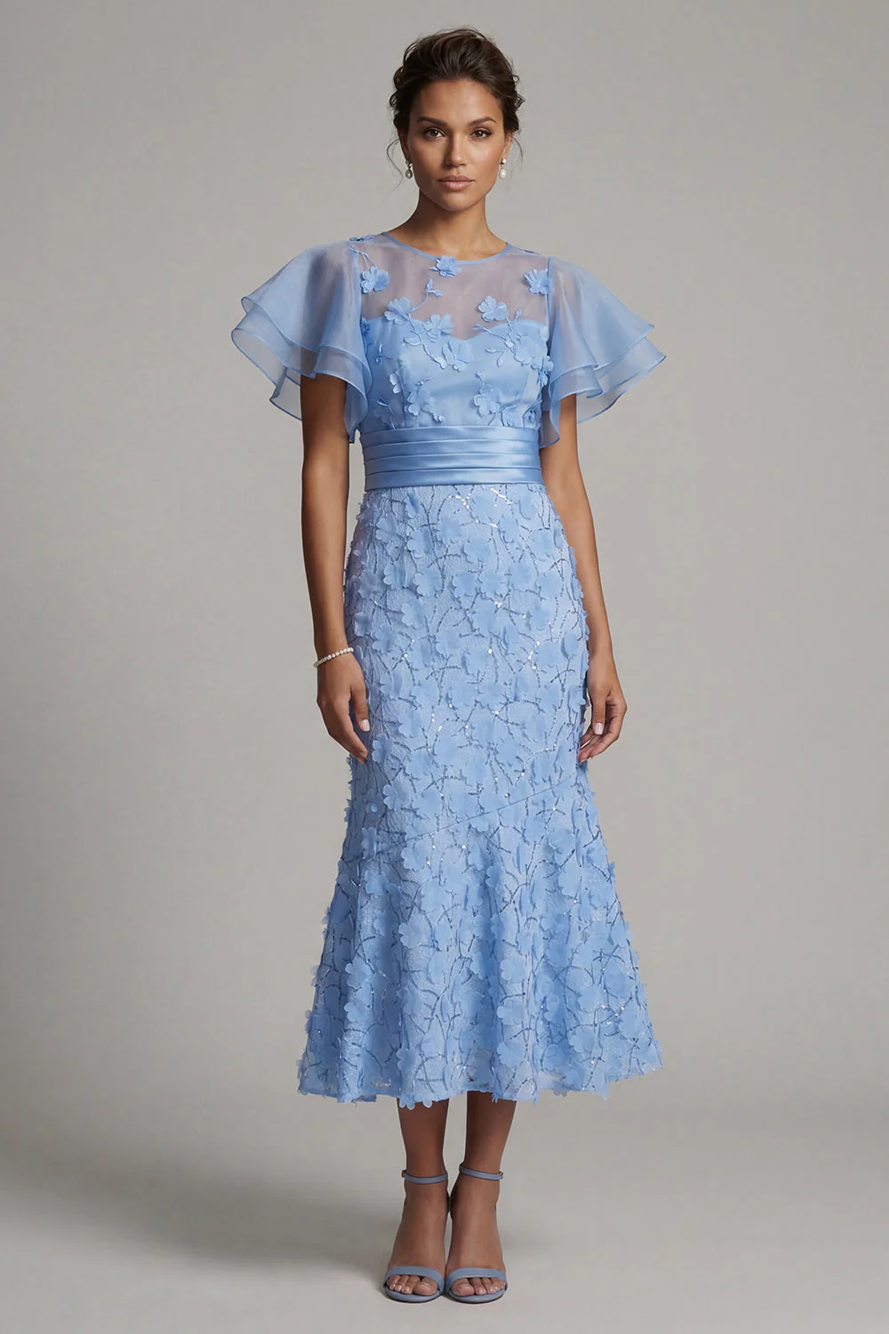 Robe midi de mère de la mariée appliquée sirène bleu clair avec manches à volants - Image 3