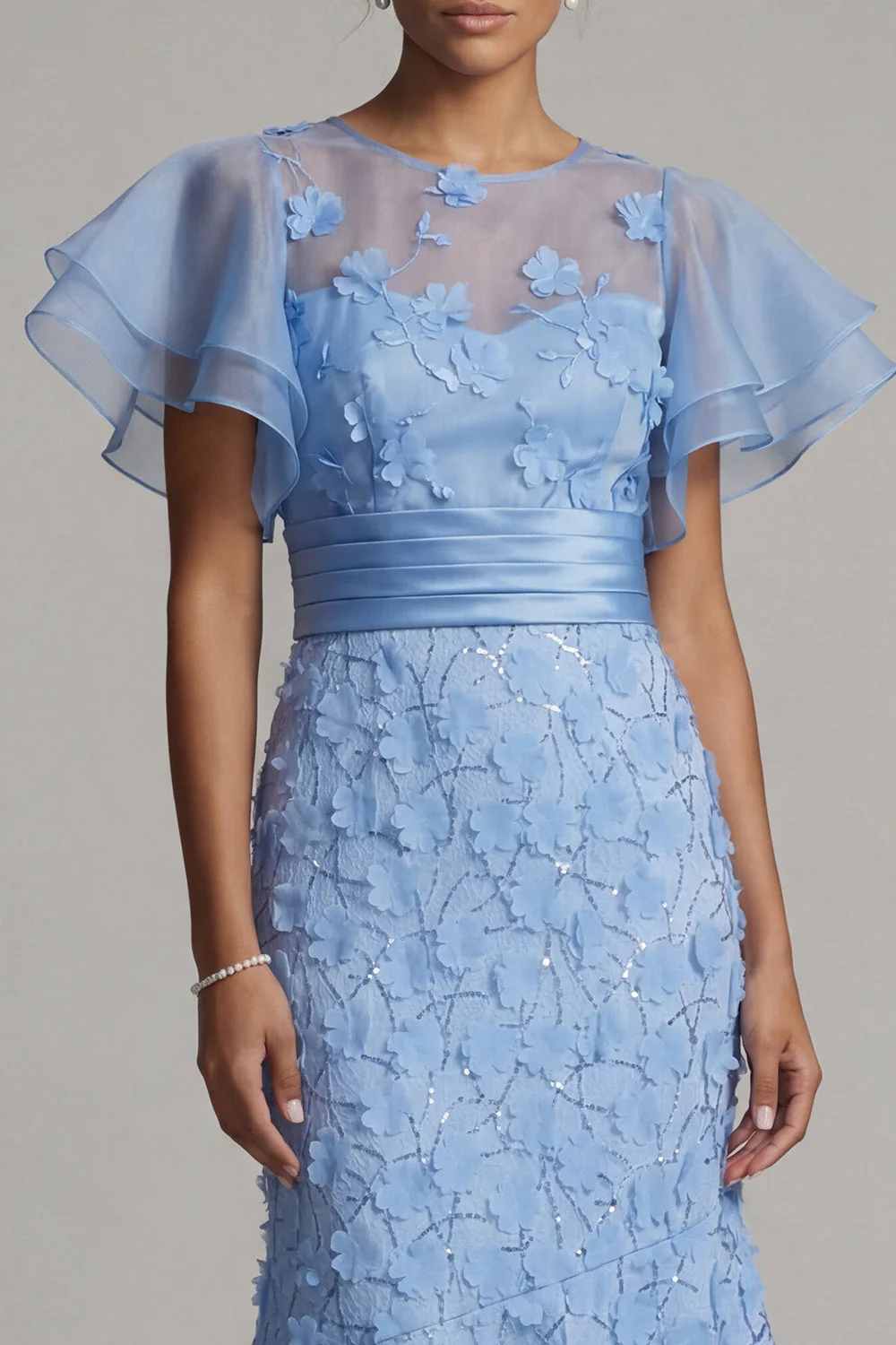 Robe midi de mère de la mariée appliquée sirène bleu clair avec manches à volants - Image 4