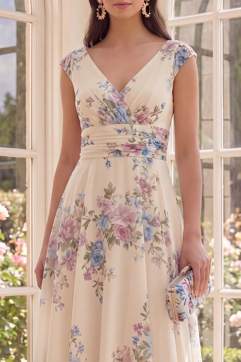 Robe midi de plage à décolleté en V abricot froncé à col en V - Image 6