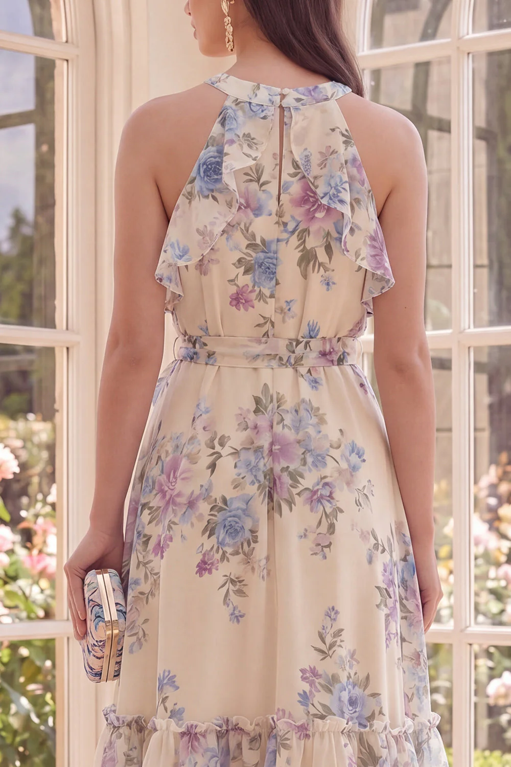 Robe midi de plage à volants à cheveux nus à fleurs, abricot A Line - Image 4
