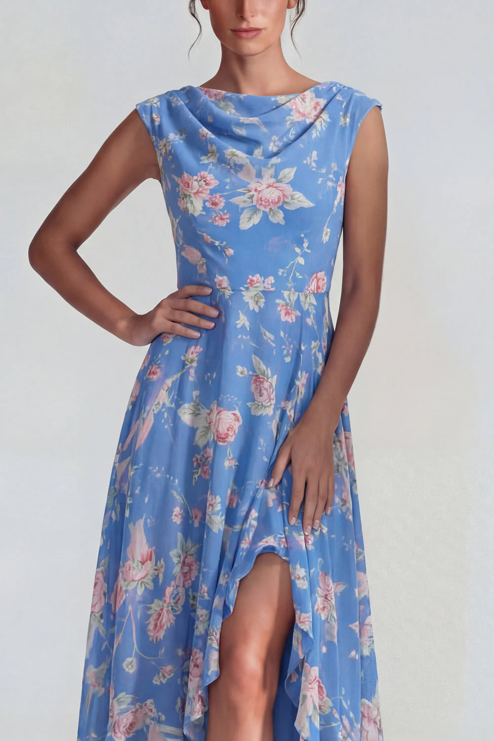 Robe Midi en chiffon en chiffon bleu rose à volants avec une fente - Image 3