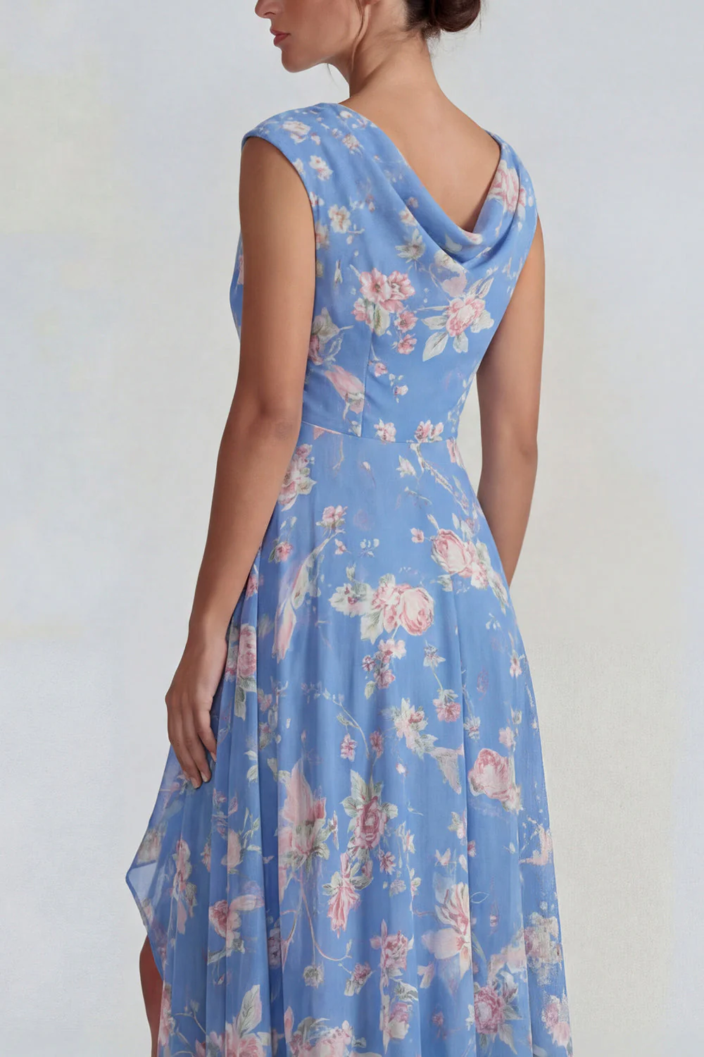 Robe Midi en chiffon en chiffon bleu rose à volants avec une fente - Image 4