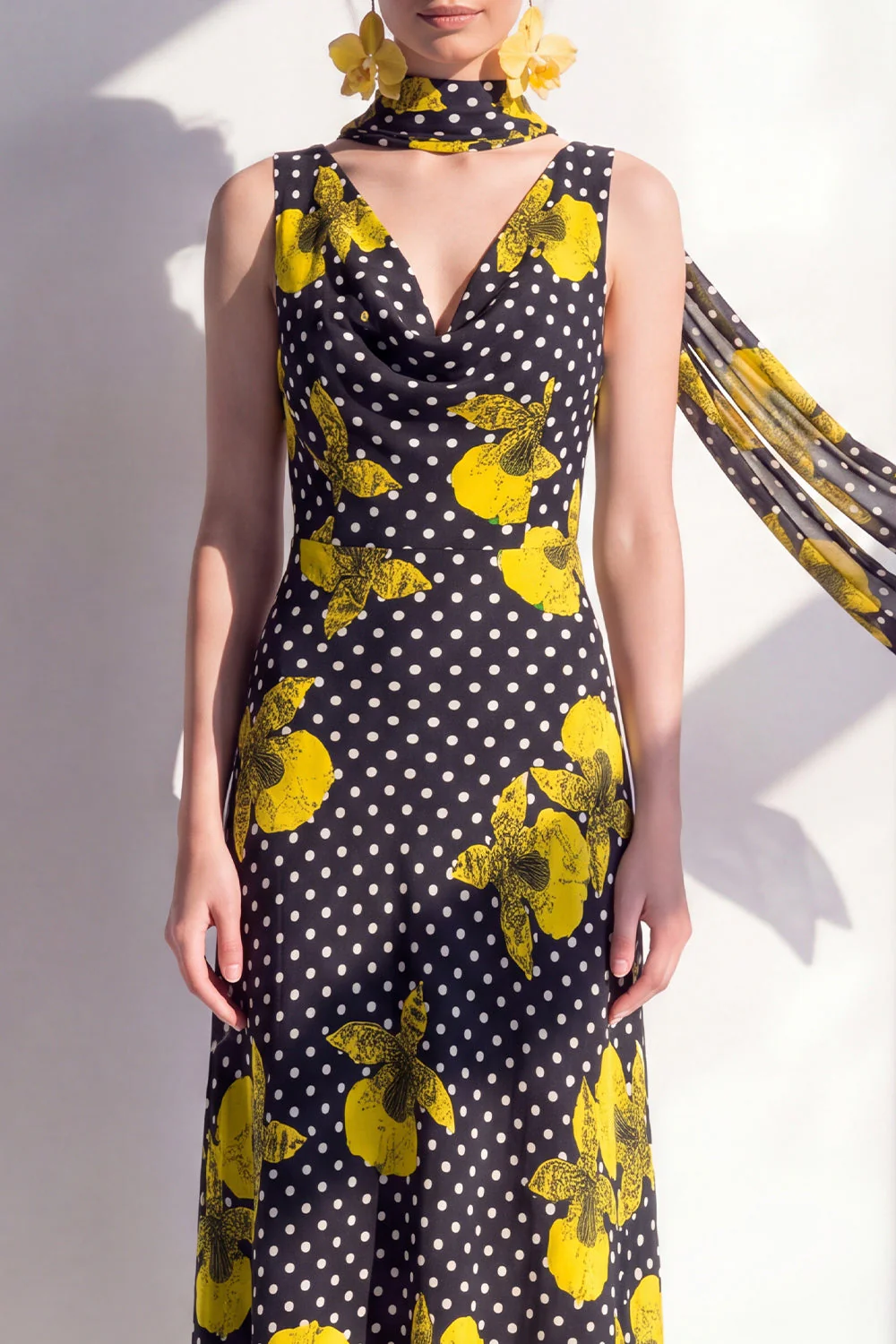 Robe midi en chiffon en V à col en V en fleur jaune noire avec écharpe à col - Image 3