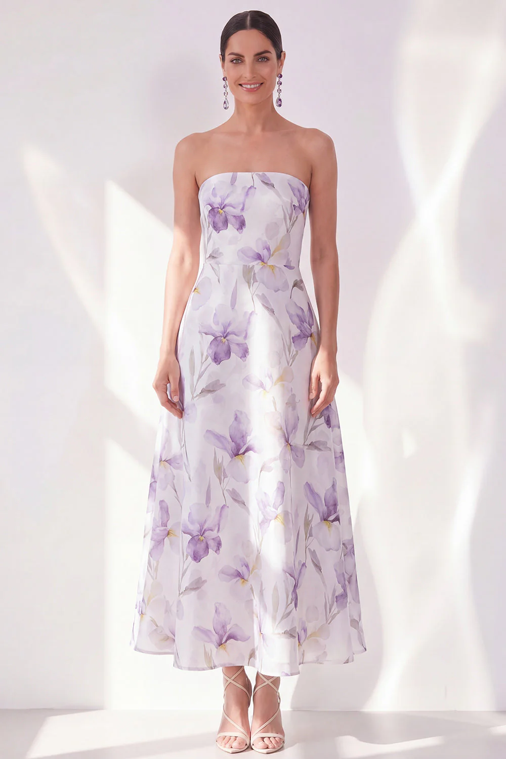 Robe Midi en chiffon sans bretelles en fleur de lilas