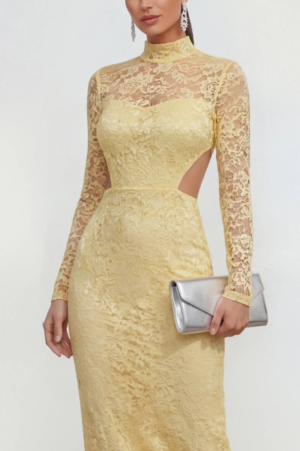 Robe midi en dentelle à col montant jaune avec fente - Image 3
