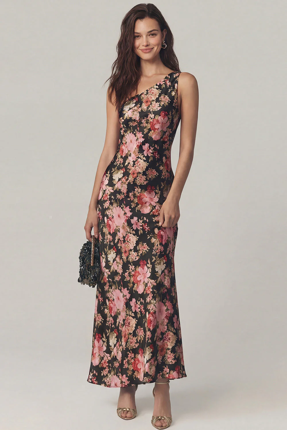Robe midi en satin à une épaule à fourreau fleur rose noire