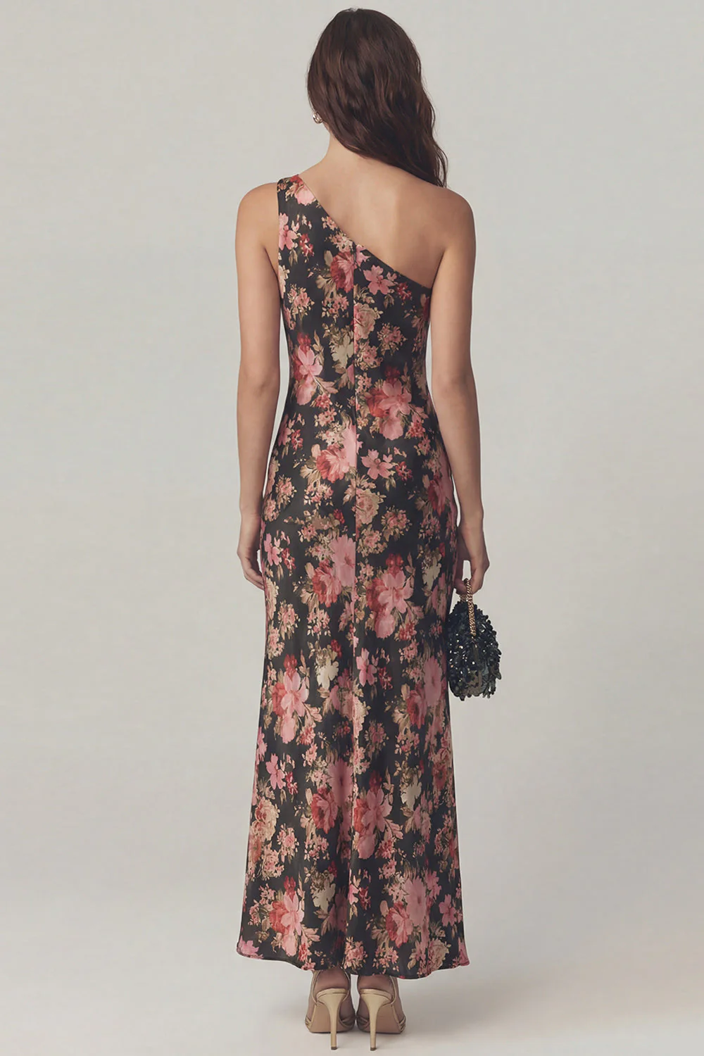 Robe midi en satin à une épaule à fourreau fleur rose noire - Image 2