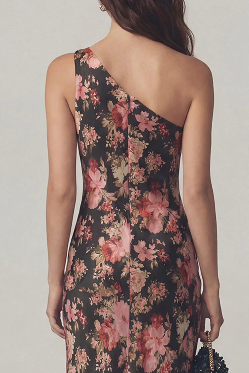 Robe midi en satin à une épaule à fourreau fleur rose noire - Image 4