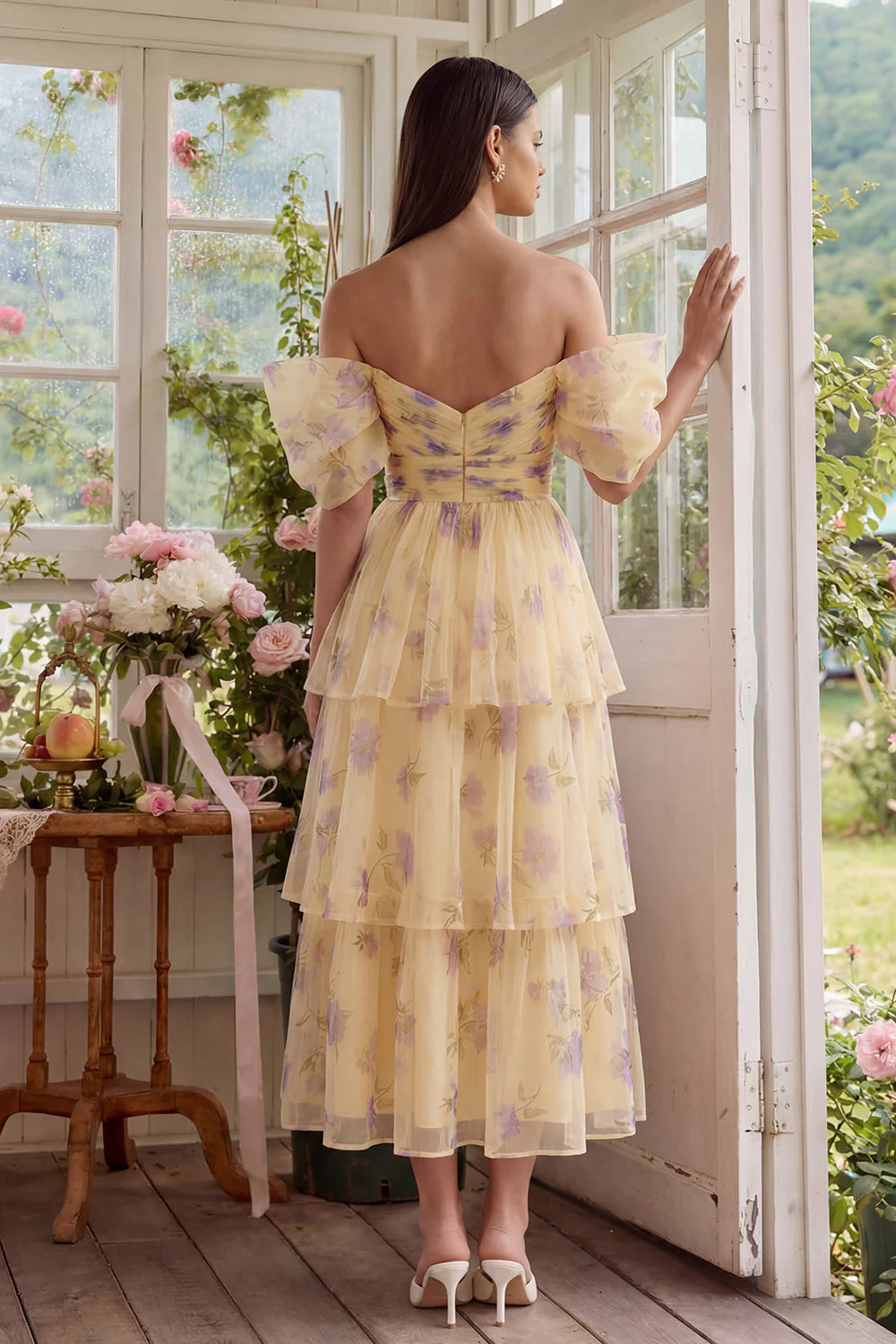 Robe midi en tule à traînes en fleurs jaunes à épaules décollées - Image 2