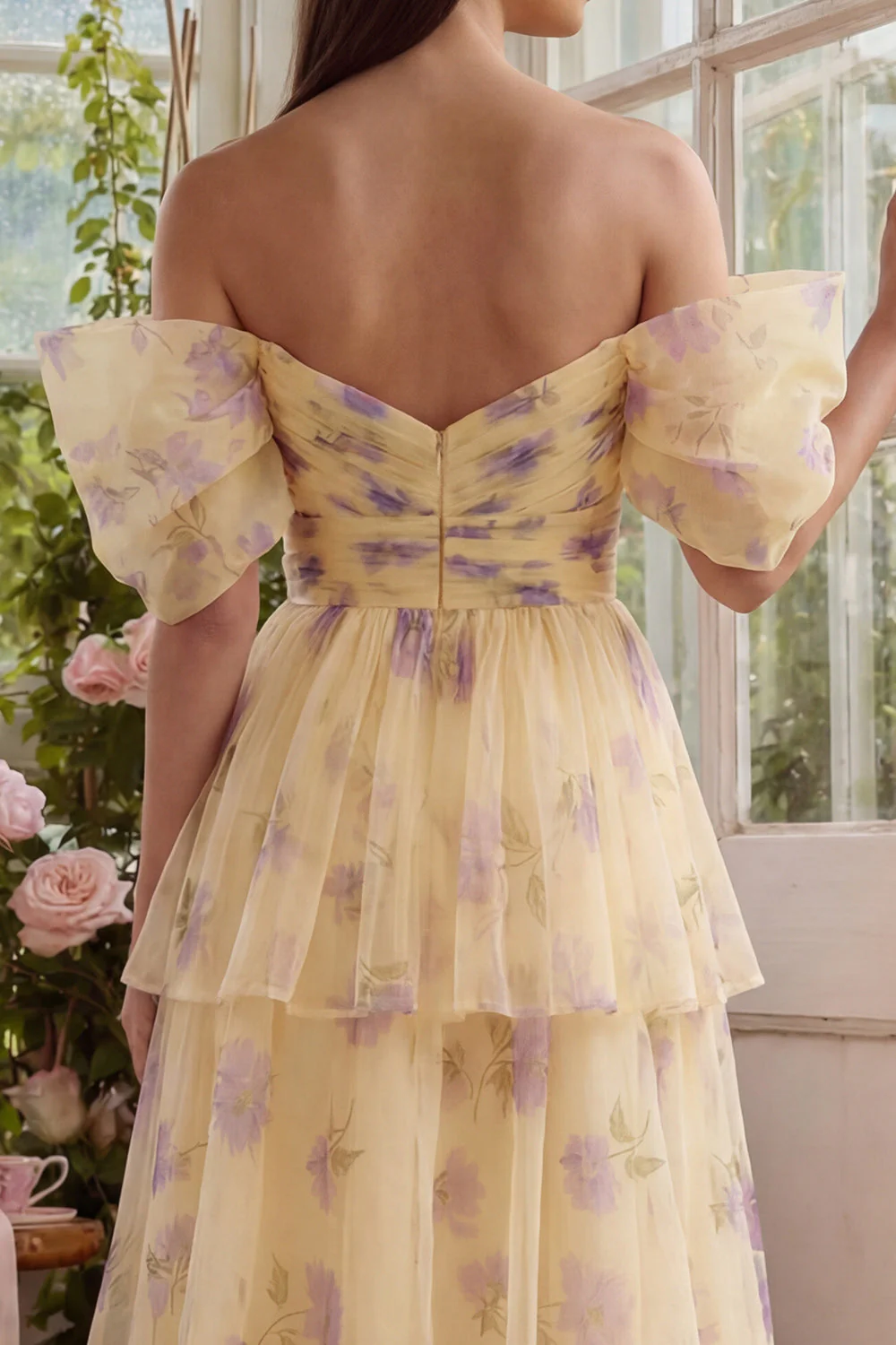 Robe midi en tule à traînes en fleurs jaunes à épaules décollées - Image 5