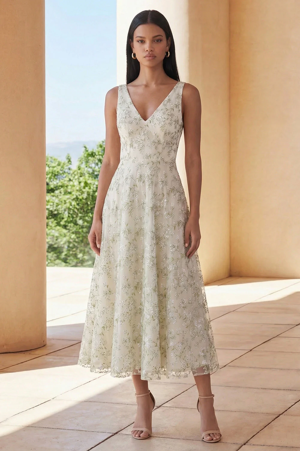 Robe d'invitée de mariage midi vert clair col V appliquée