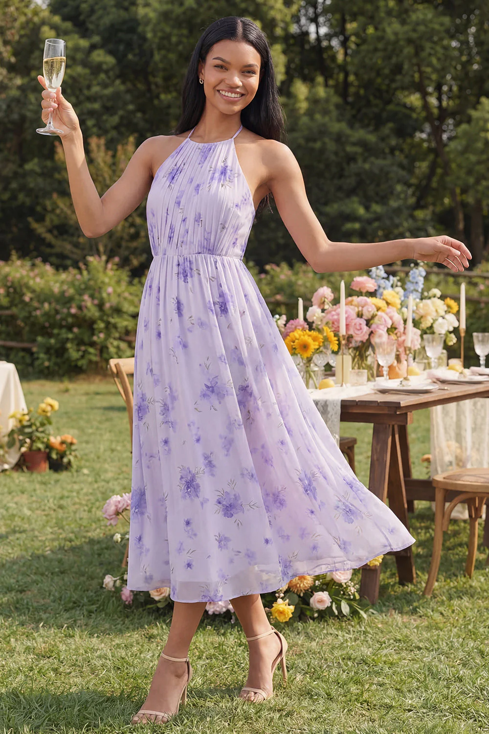 Robe midi fleur à fourreau froncé à col lilas en chiffon et nœud - Image 3