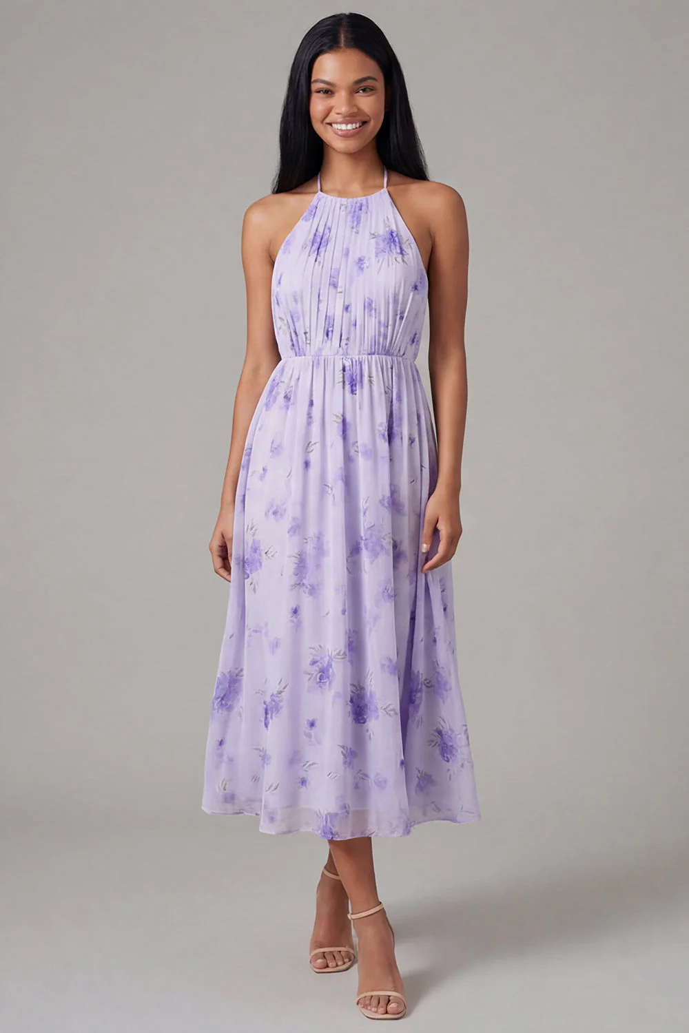 Robe midi fleur à fourreau froncé à col lilas en chiffon et nœud - Image 4