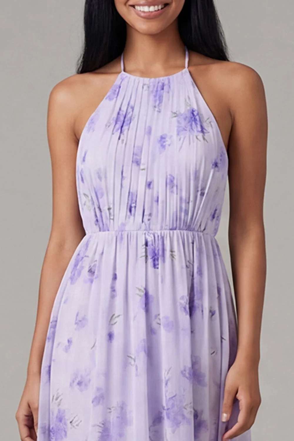 Robe midi fleur à fourreau froncé à col lilas en chiffon et nœud - Image 5
