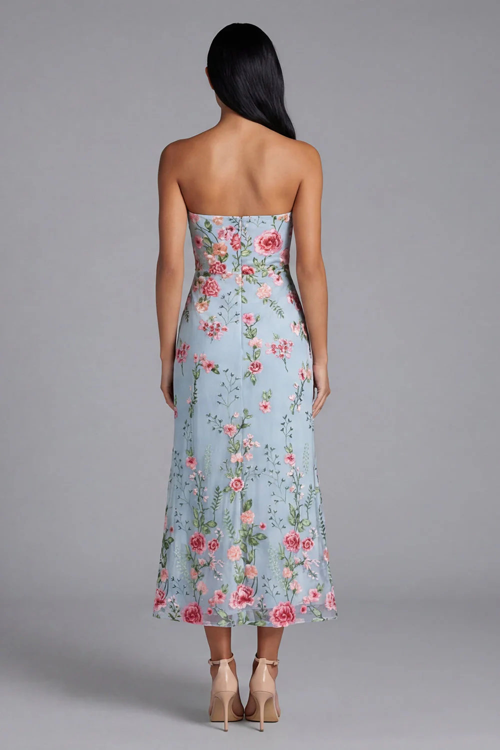 Robe midi fleur en tulle en fleurs roses, bretelles à fourreaux, - Image 2