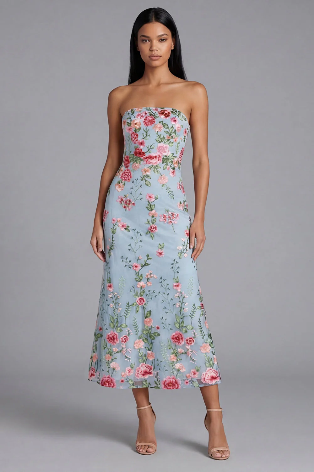 Robe midi fleur en tulle en fleurs roses, bretelles à fourreaux, - Image 3