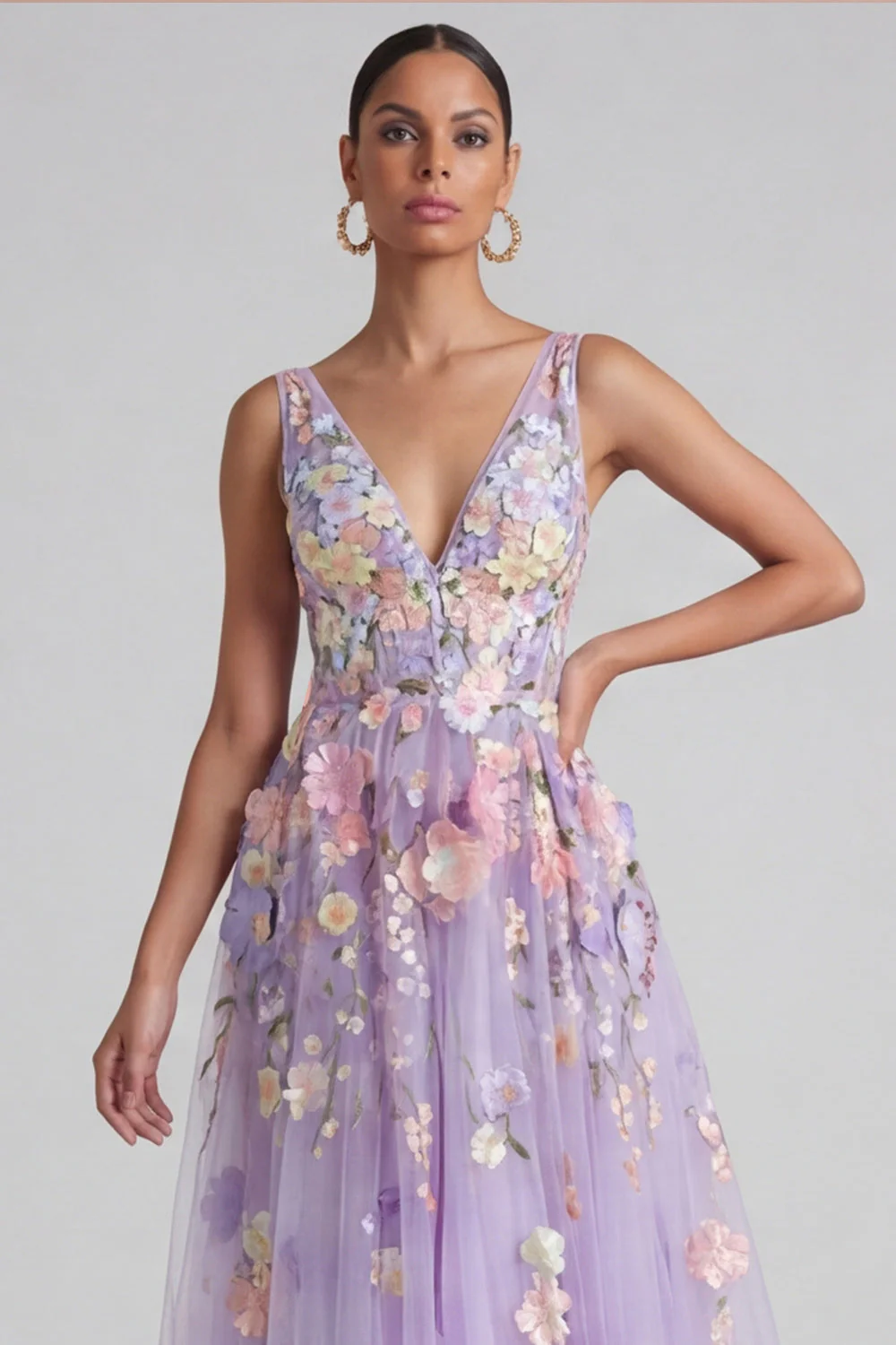 Robe midi fleurie à col en V appliqué lilas - Image 3