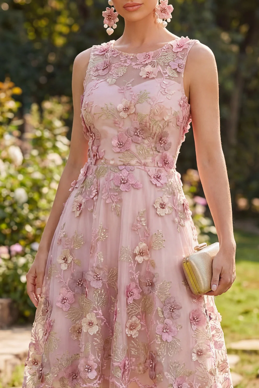 Robe midi fleurie à col rond en tulle rose fuchsia à col rond - Image 3