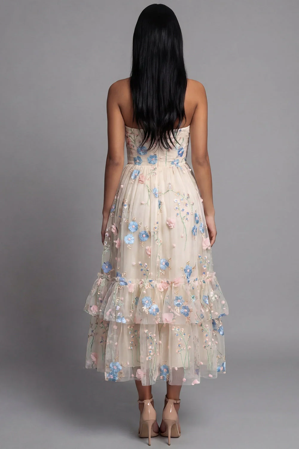 Robe d'invitée de mariage midi champagne tulle ligne A décolleté cœur appliquée - Image 2