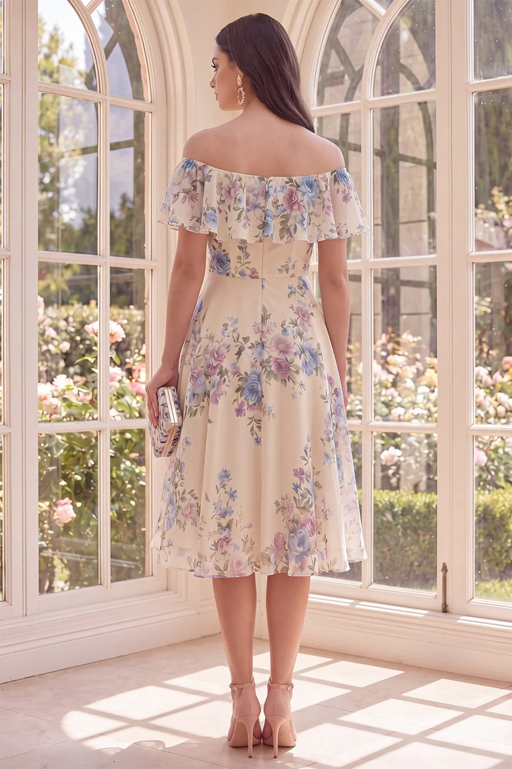 Robe midi fleurie A Window Abricot Épaule Décalée avec volants - Image 2