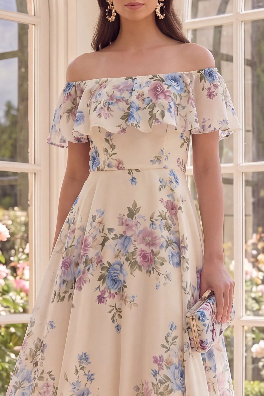 Robe midi fleurie A Window Abricot Épaule Décalée avec volants - Image 3