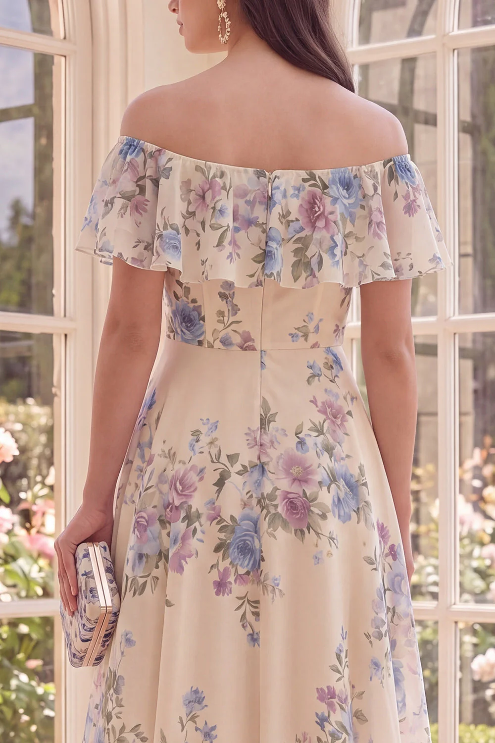 Robe midi fleurie A Window Abricot Épaule Décalée avec volants - Image 4