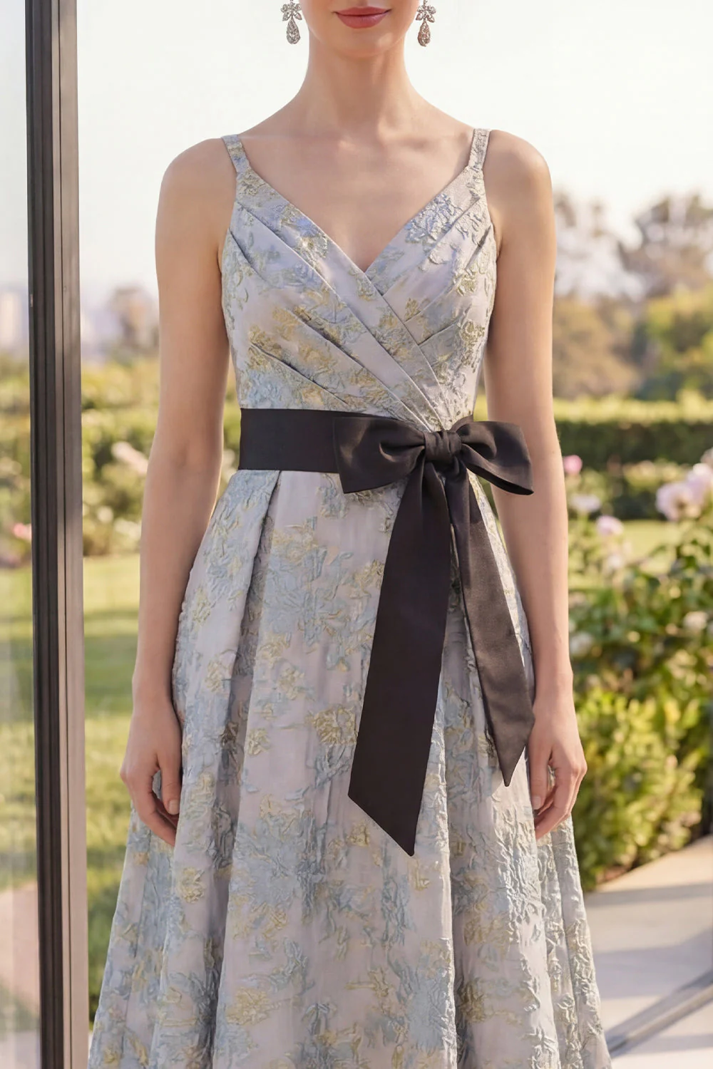 Robe midi fleurie asymétrique à col en V bleu poussiéreux Jacquard avec nœud - Image 3