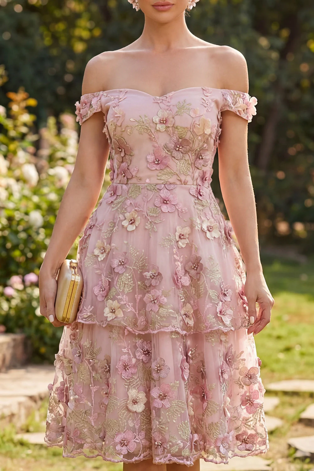 Robe midi fleurie en tulle fuchsia rose en ligne A décollée sur l’épaule - Image 3