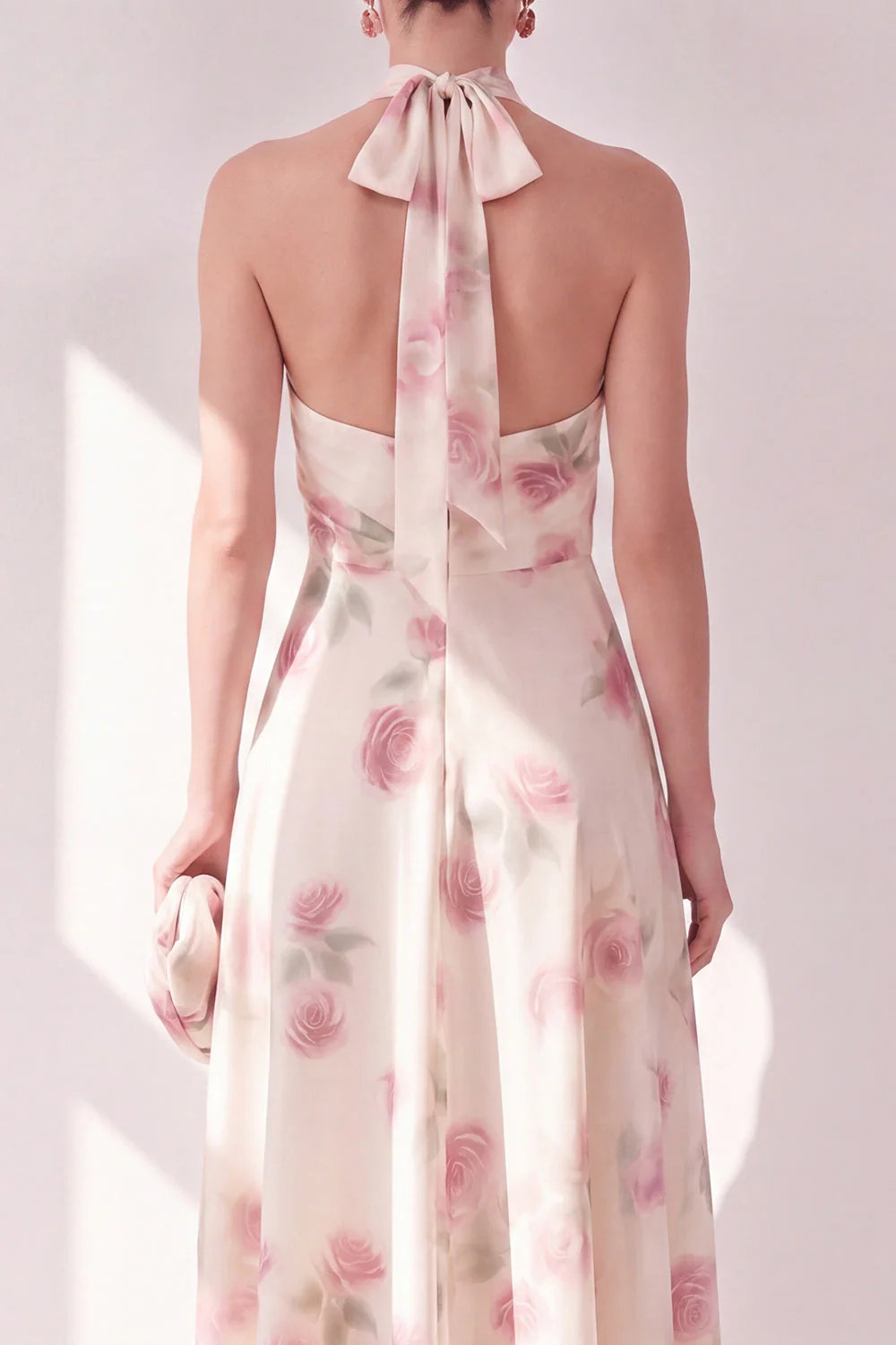 Robe midi fleurie midi à col nu abricot - Image 4