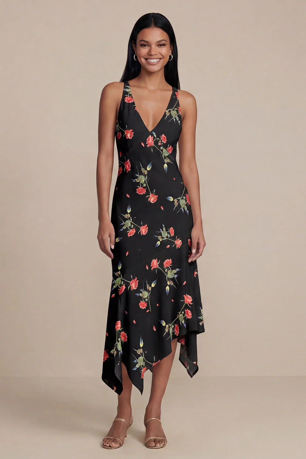 Robe midi fleurie noire en mousseline chiffon à col en V imprimé - Image 3