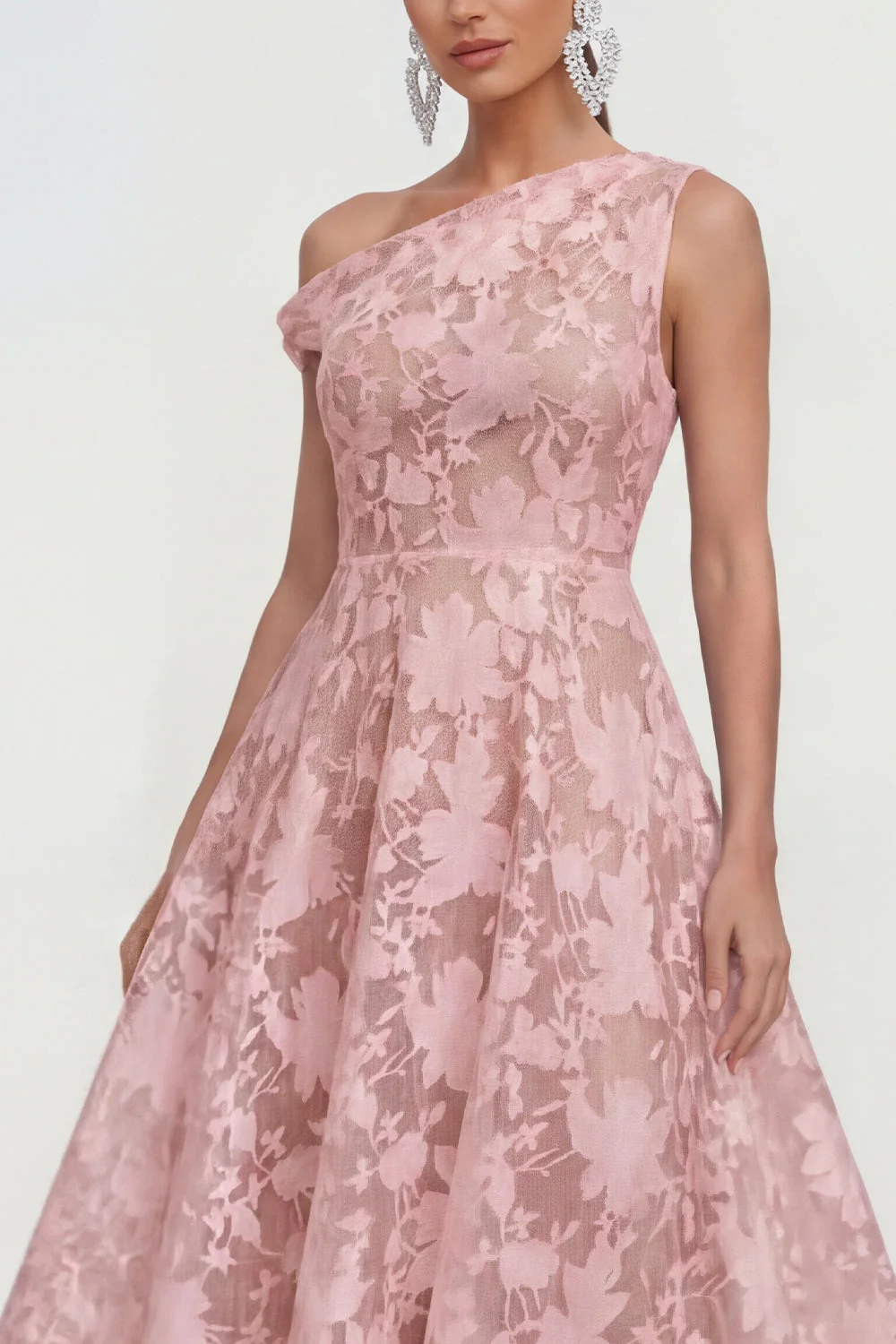 Robe midi fleurie rose à une épaule en ligne A - Image 3