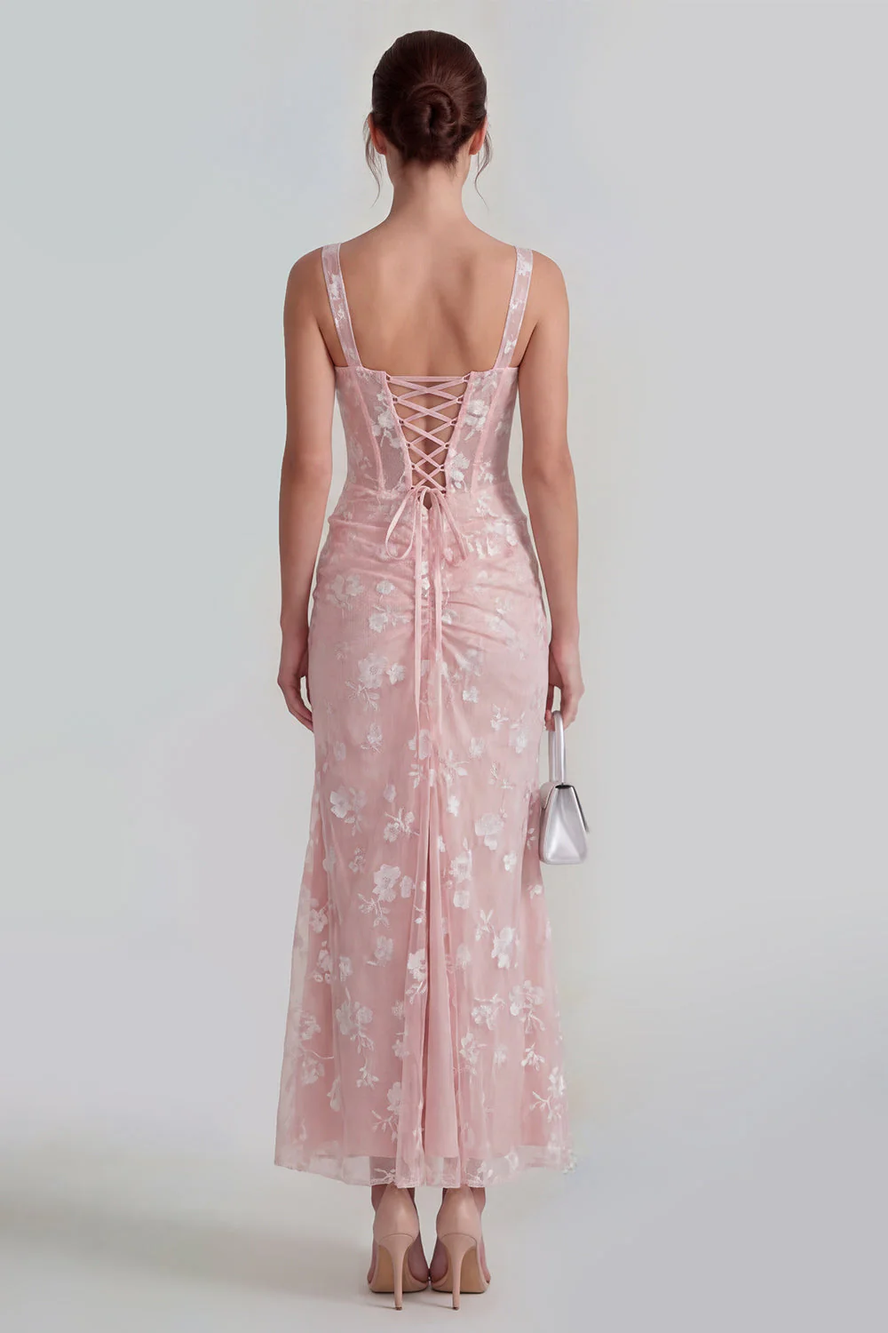 Robe midi florale midi à fourreau lilas à fourreau transparent corset à col carré avec dentelle dans le dos - Image 12