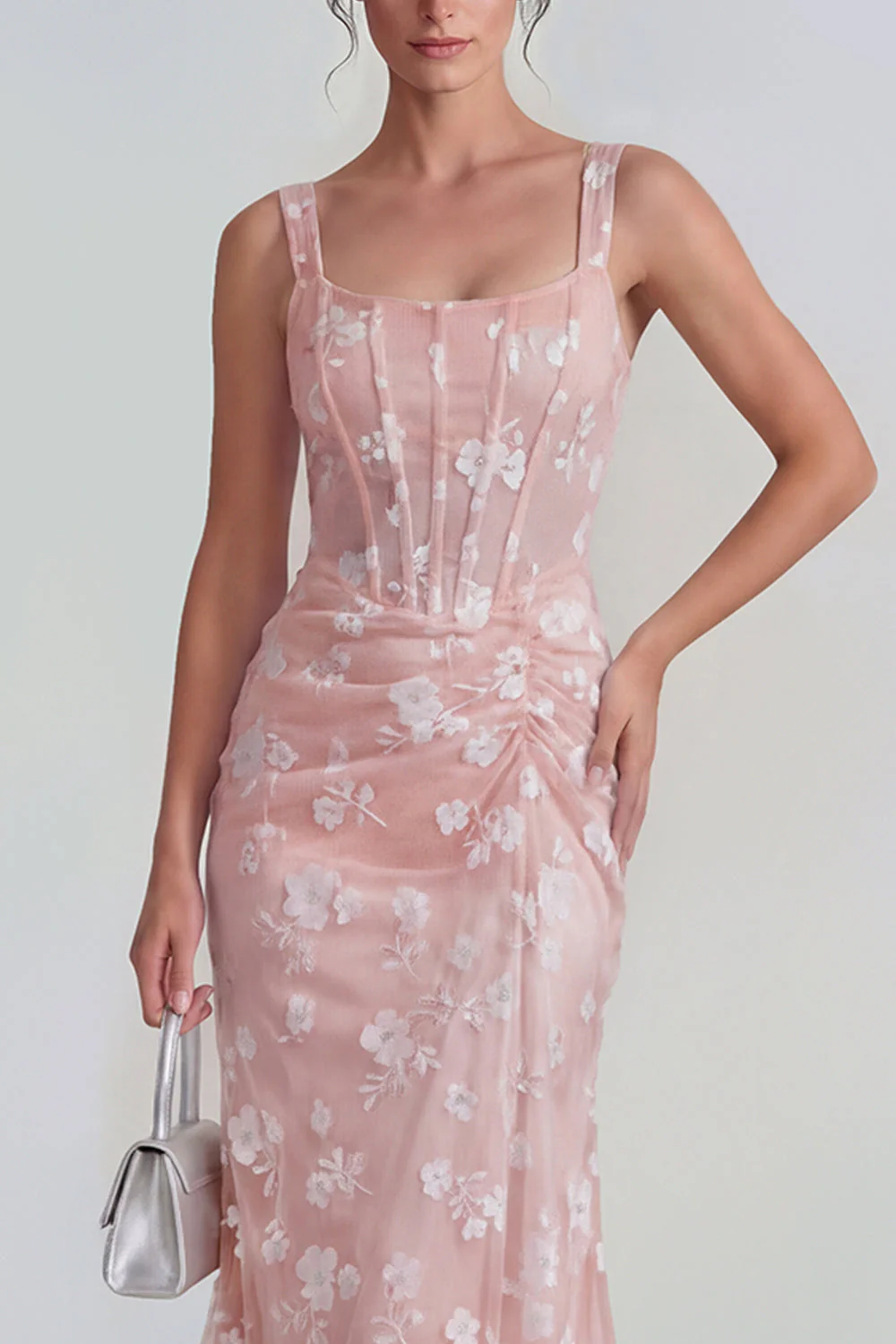 Robe midi florale midi à fourreau lilas à fourreau transparent corset à col carré avec dentelle dans le dos - Image 13