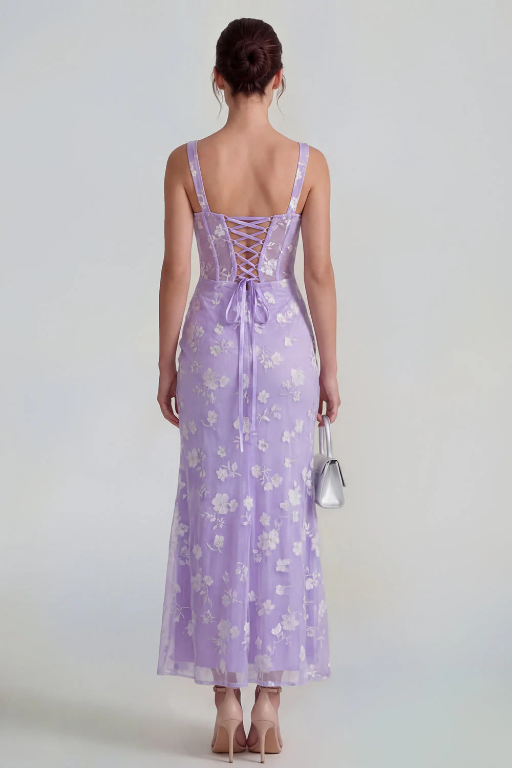 Robe midi florale midi à fourreau lilas à fourreau transparent corset à col carré avec dentelle dans le dos - Image 2