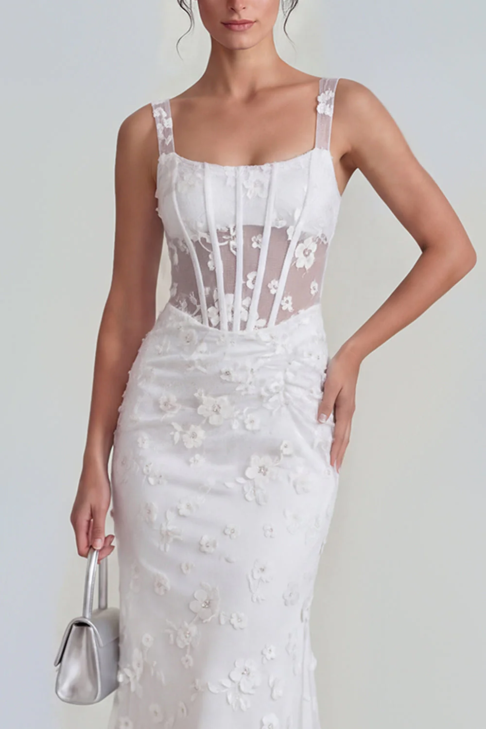 Robe midi florale midi à fourreau lilas à fourreau transparent corset à col carré avec dentelle dans le dos - Image 21