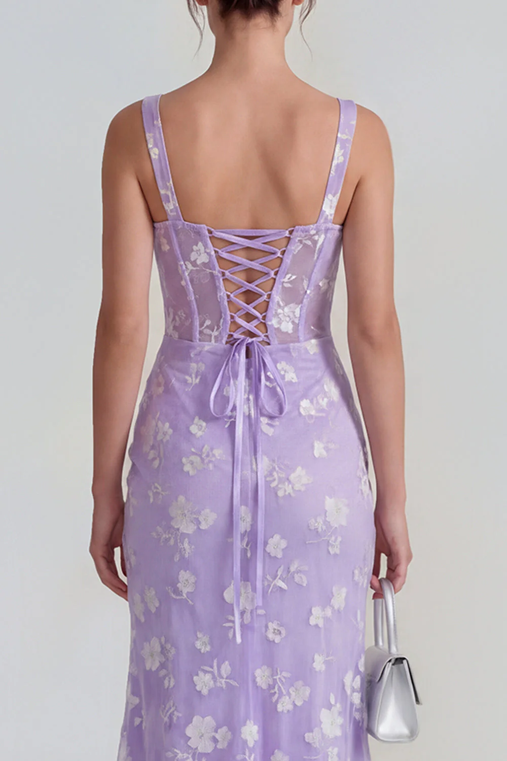Robe midi florale midi à fourreau lilas à fourreau transparent corset à col carré avec dentelle dans le dos - Image 6