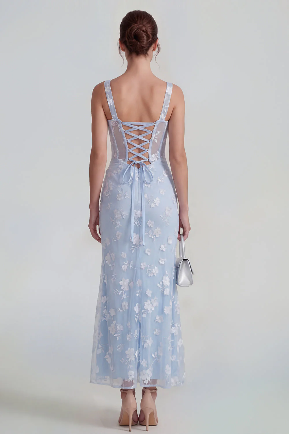 Robe midi florale midi à fourreau lilas à fourreau transparent corset à col carré avec dentelle dans le dos - Image 8