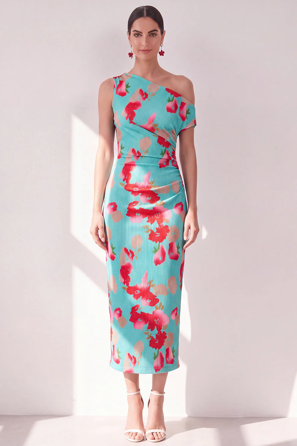 Robe Midi froncée à une épaule à fleur bleue, rouge