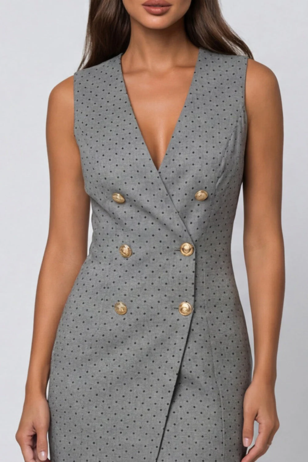 Robe midi grise à pois à double boutonnage à double boutonnage et fourreau avec fente - Image 3
