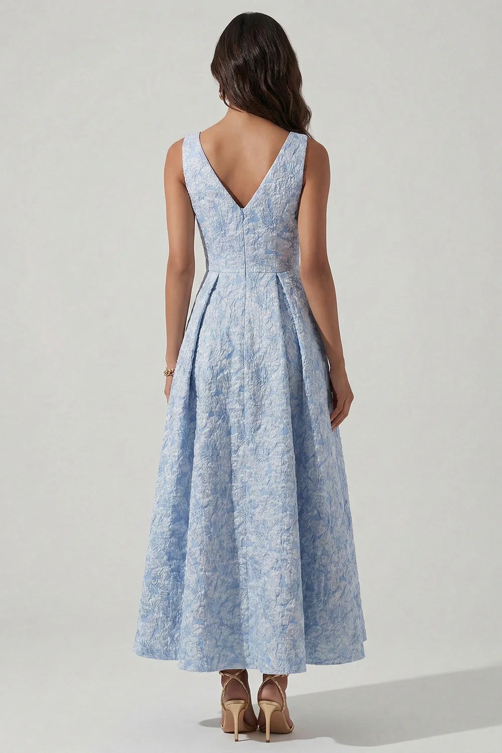 Robe Midi Jacquard bleue à col en V et froncée A Line - Image 2