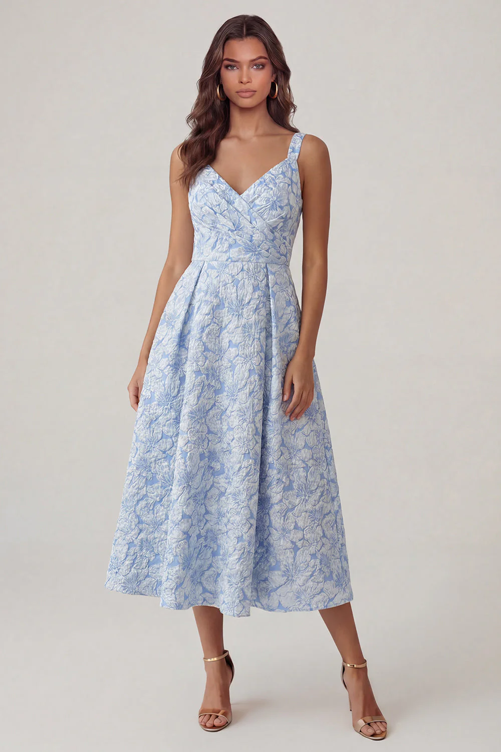 Robe Midi Jacquard bleue à col en V et ligne A