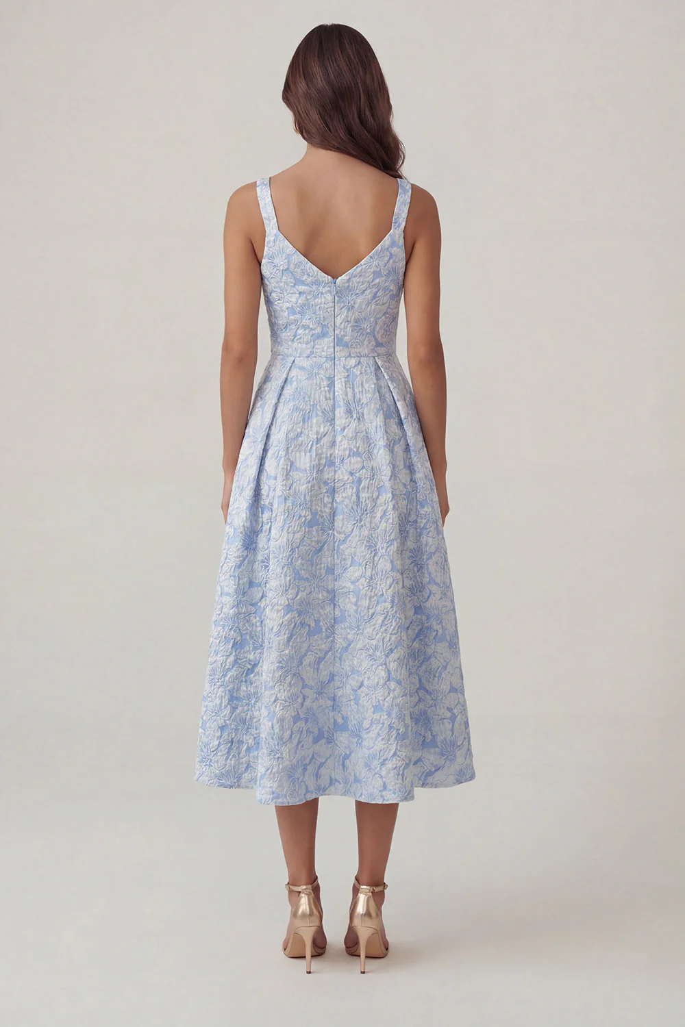 Robe Midi Jacquard bleue à col en V et ligne A - Image 2