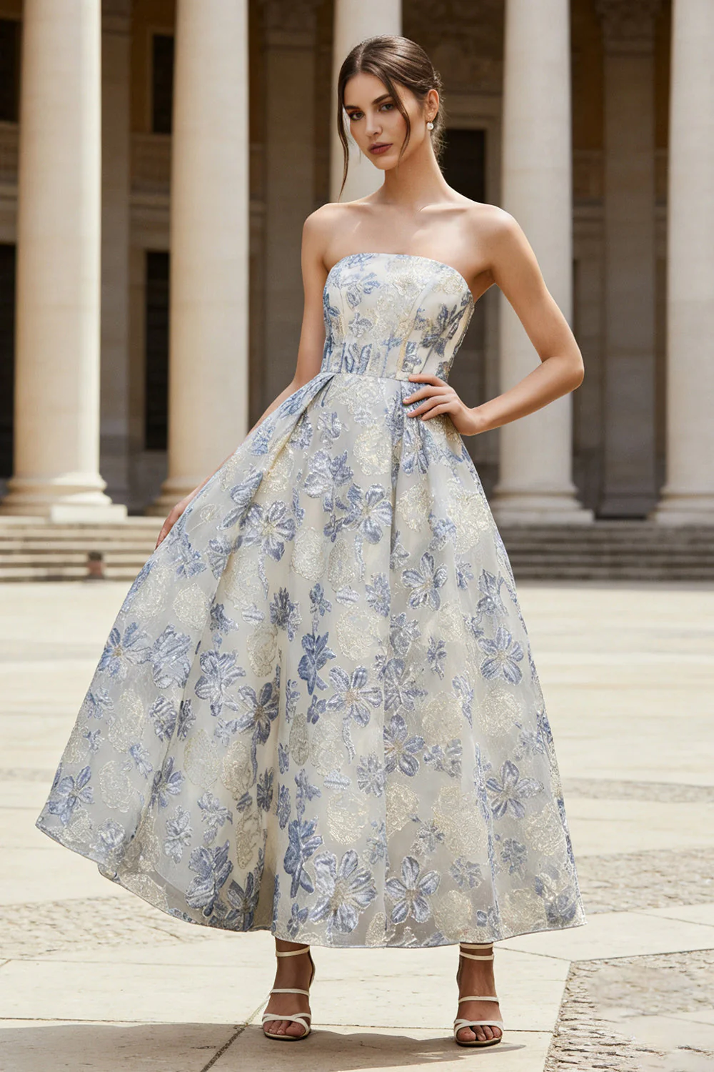 Robe midi Jacquard Corset Strapless bleu poussiéreux sans bretelles
