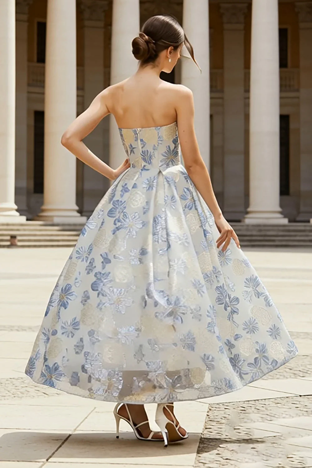 Robe midi Jacquard Corset Strapless bleu poussiéreux sans bretelles - Image 2