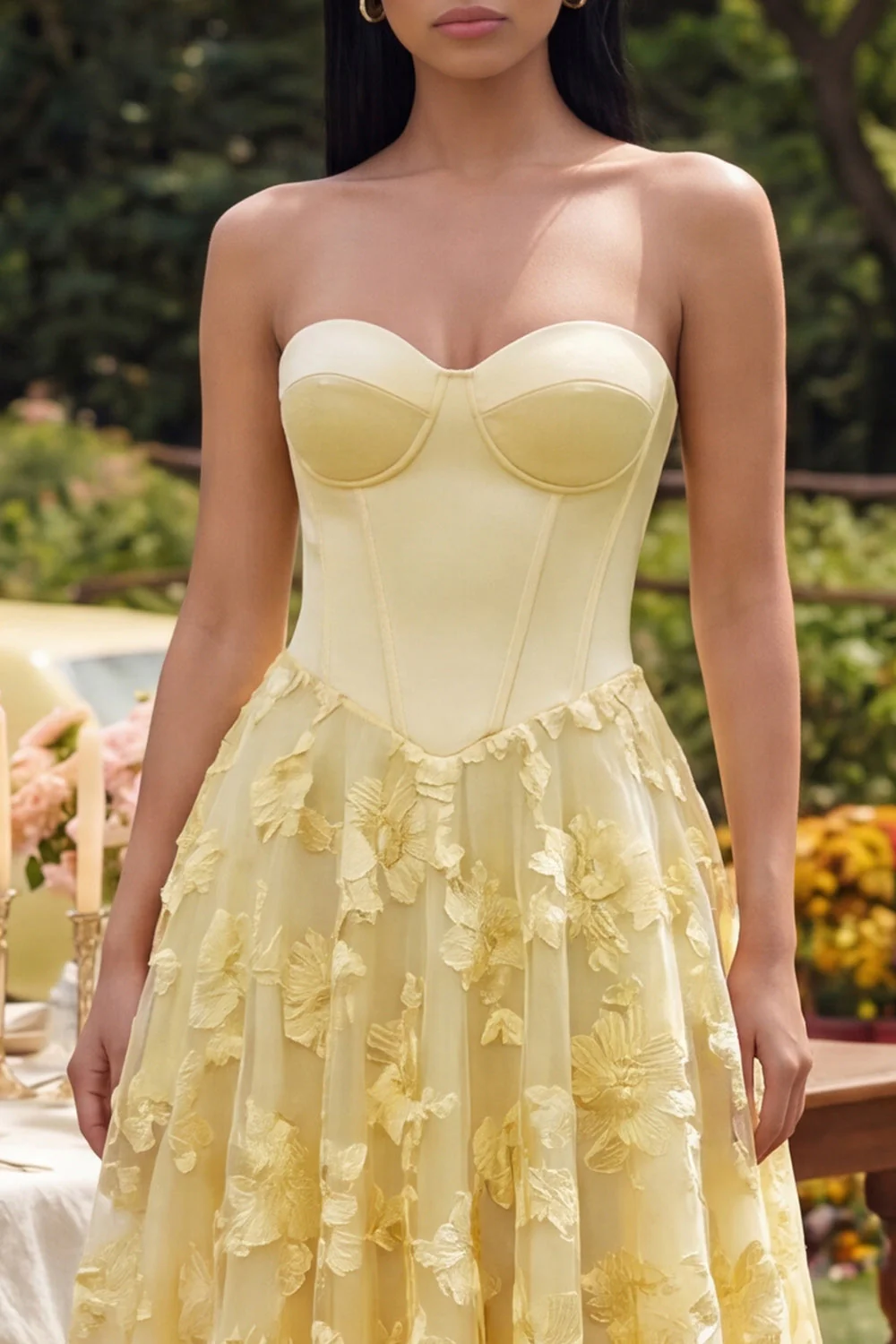 Robe Midi jaune fleuriste jaune sans bretelles - Image 3