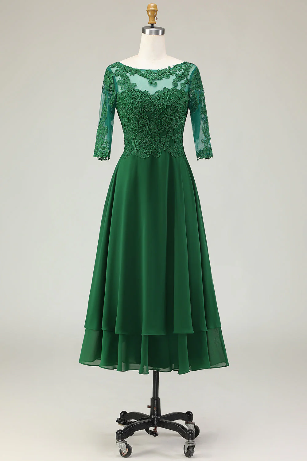 Robe Midi Mère de la Mariée Verte Une Ligne Appliquée Avec Manches