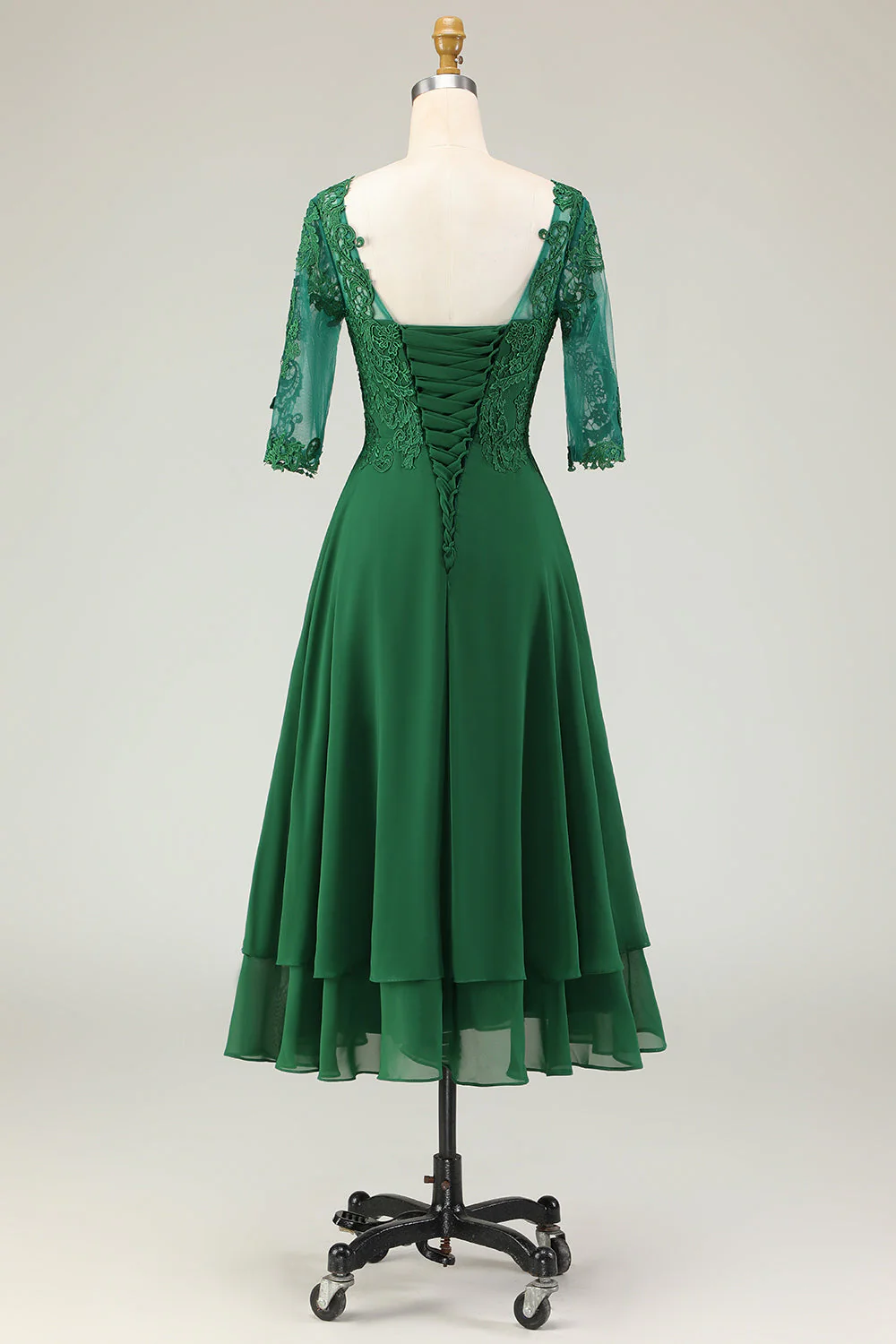 Robe Midi Mère de la Mariée Verte Une Ligne Appliquée Avec Manches - Image 2