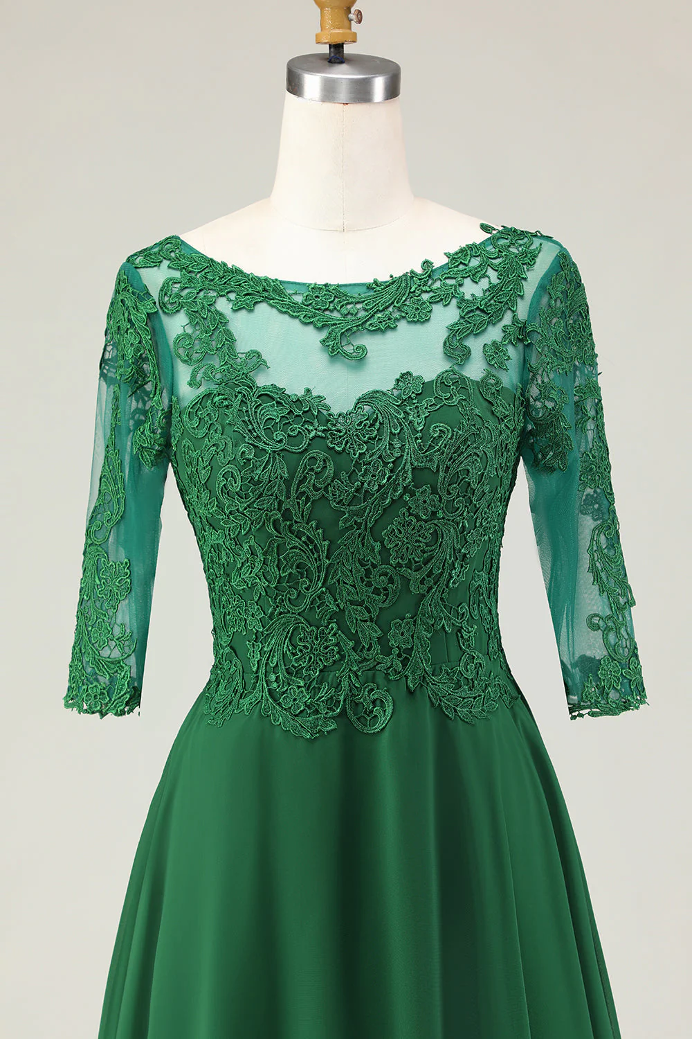 Robe Midi Mère de la Mariée Verte Une Ligne Appliquée Avec Manches - Image 4